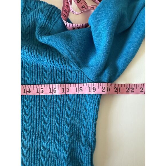 Talbots Cable Knit Sweater Lightweight V Neck Teal Blue Cotton Knit Preppy Large - Picture 13 of 16